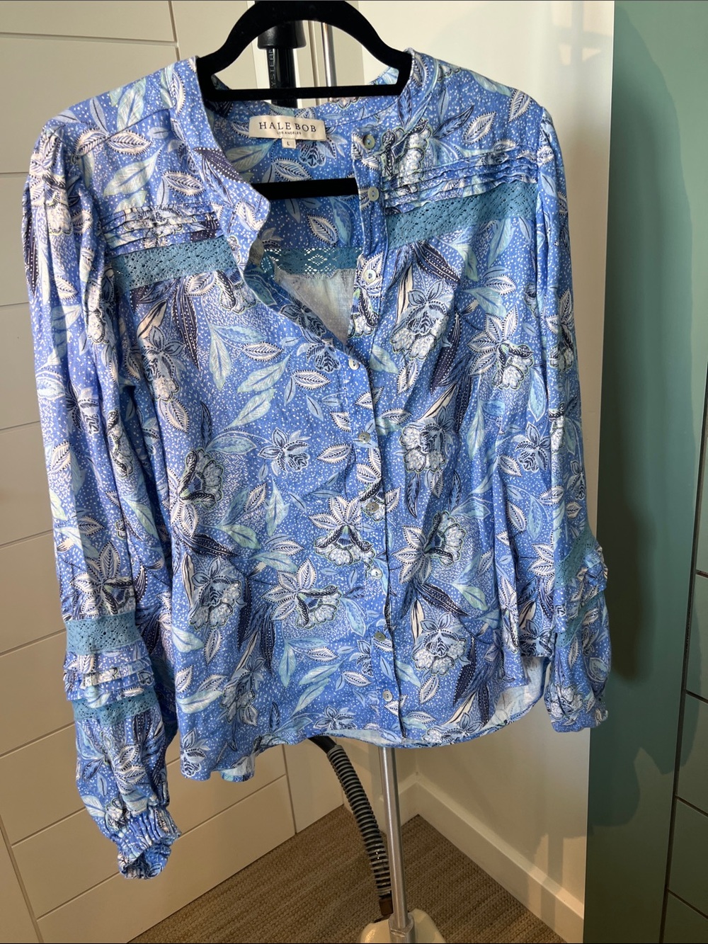 Hale Bob Blue Floral Lace-Trim Button Blouse